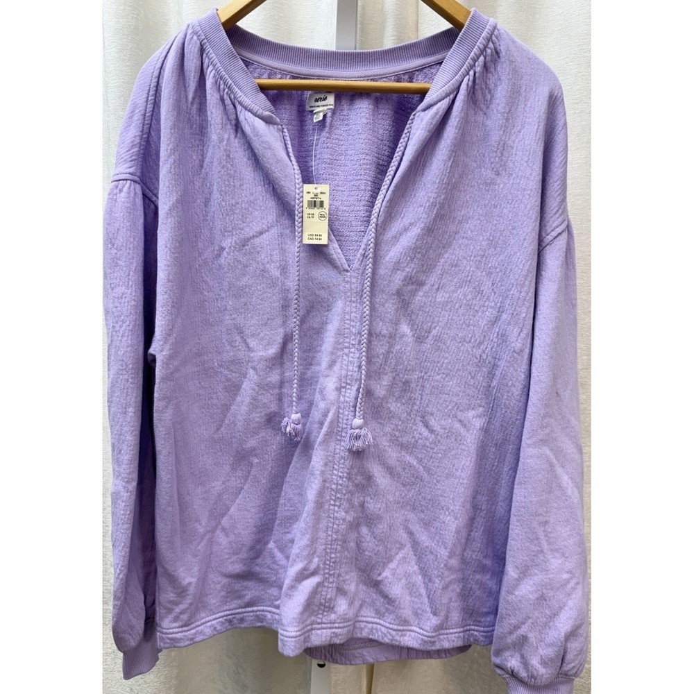 Aerie Oversized Split Neck, Braided Tassel, Gauze Cozy Lounge Wear, Lilac Sz XS